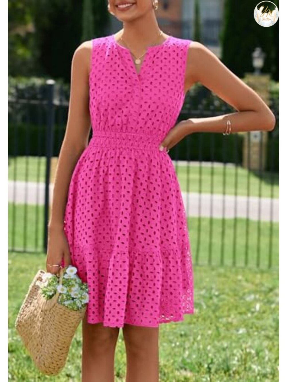 Eyelet A-Line Sleeveless V-Neck Cotton Summer Dress Knee-Length - Picture 2 of 6